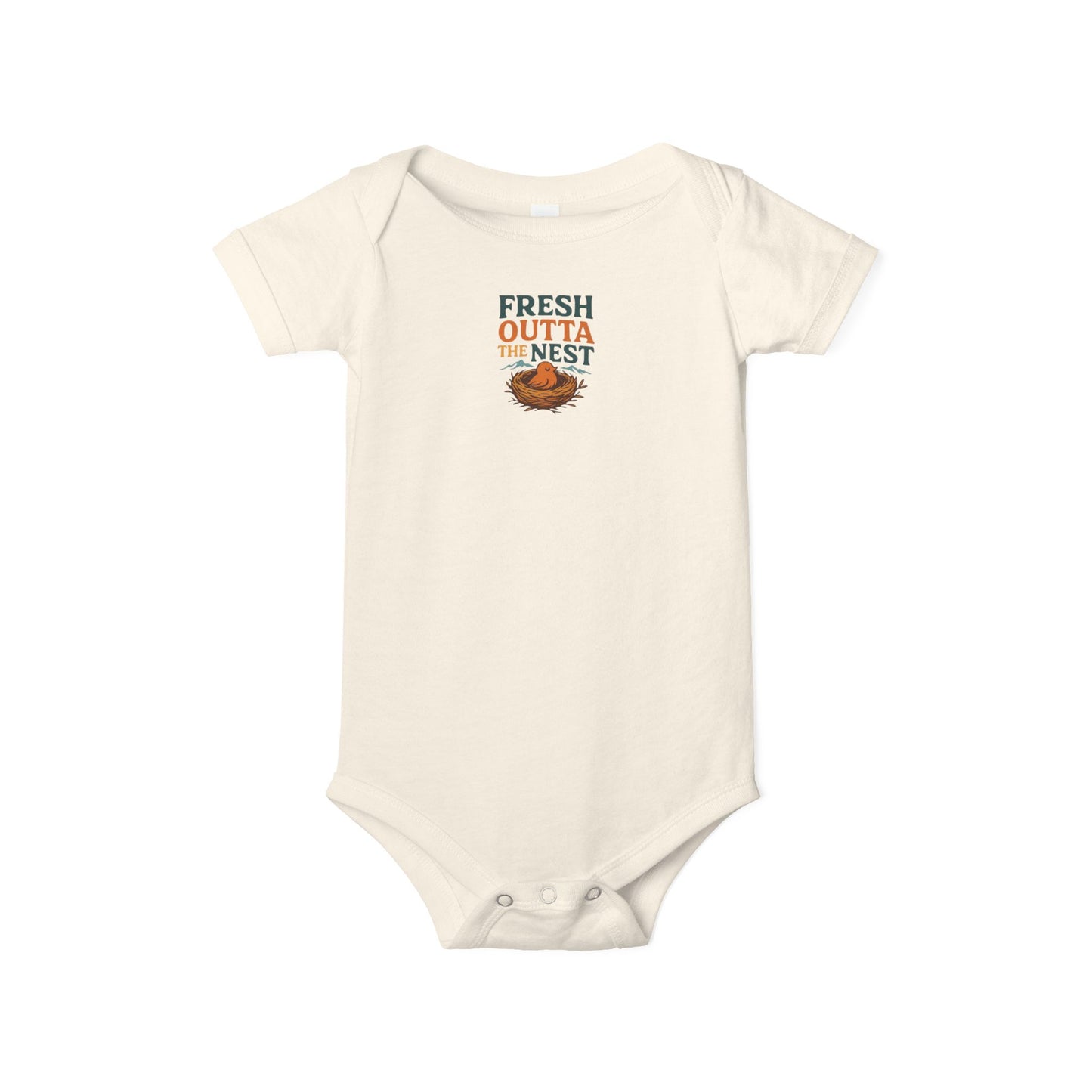 Baby onesie with 'Fresh Outta The Nest' text and chick graphic on a white background