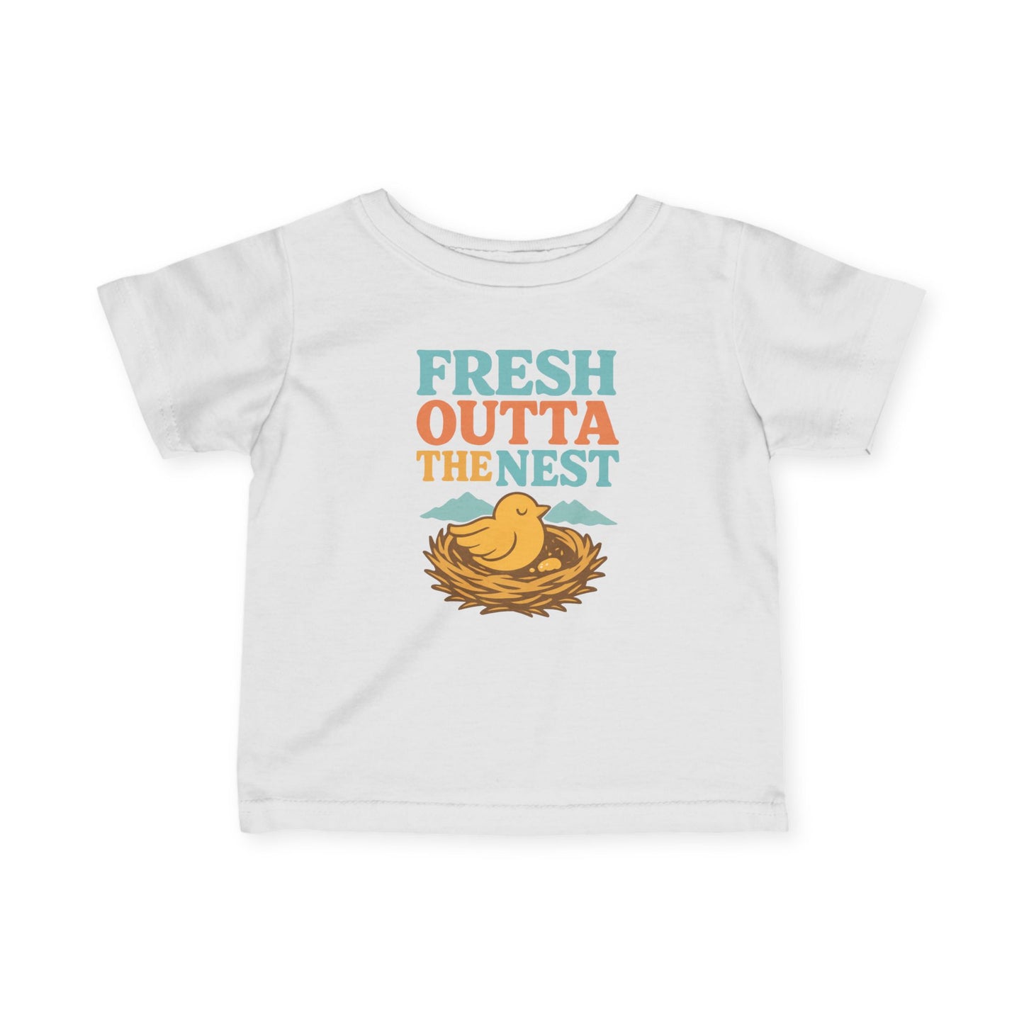 White baby t-shirt with 'Fresh Outta The Nest' text and bird graphic