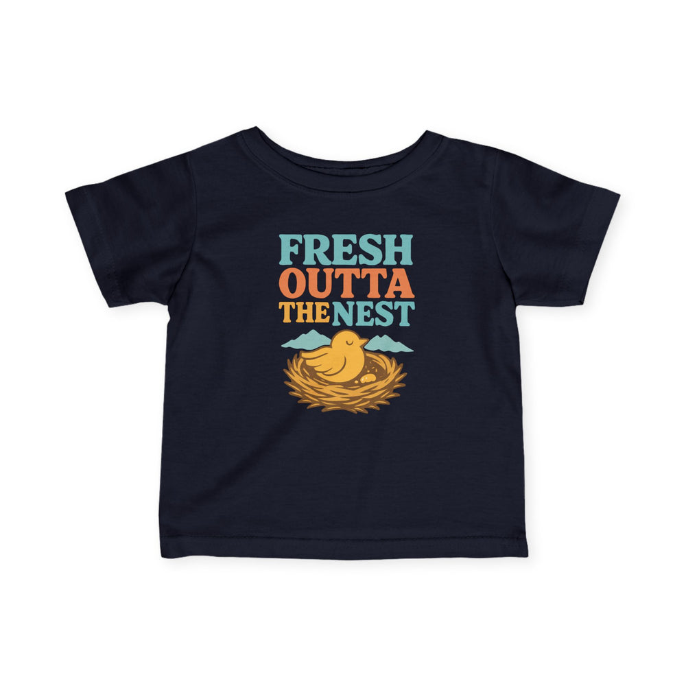 
                      
                        Black t-shirt with 'Fresh Outta The Nest' text and chick graphic
                      
                    