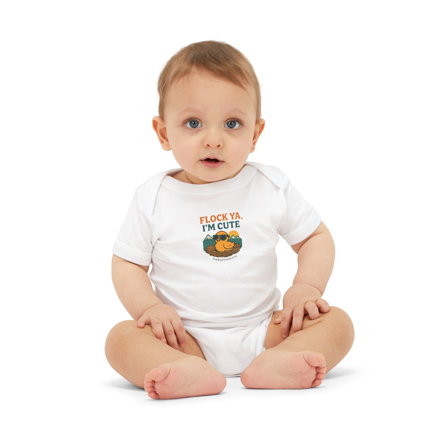 Baby wearing a white onesie with text that says flock ya I'm cute with bird