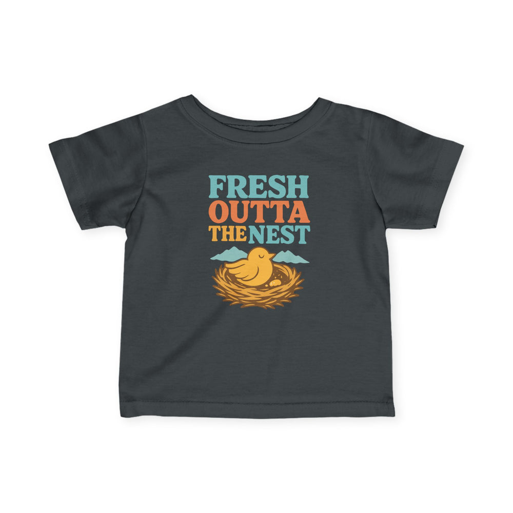 charcoal grey baby shirt that says resh outta the nest