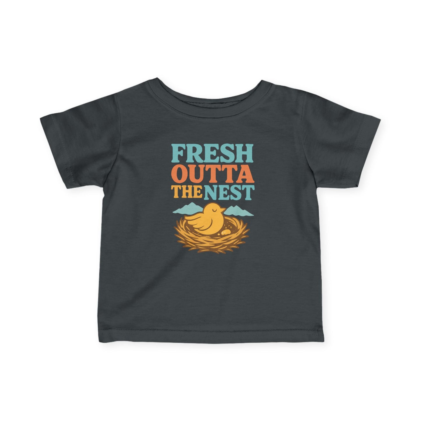 charcoal grey baby shirt that says resh outta the nest