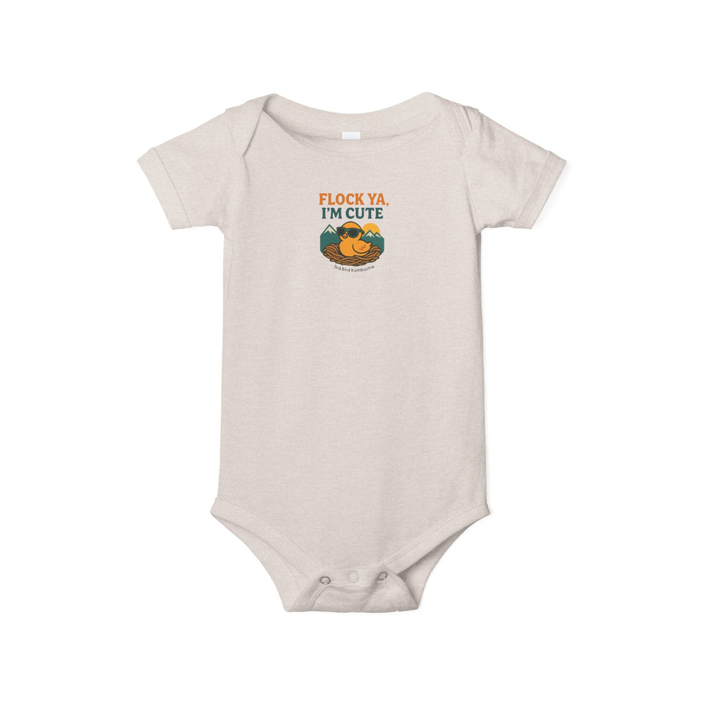 
                      
                        Beige baby onesie with graphic design and text that says Flock ya, I'm Cute
                      
                    