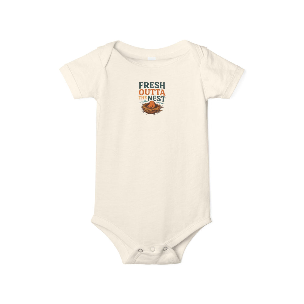 
                      
                        Baby onesie with 'Fresh Outta The Nest' text and chick graphic on a white background
                      
                    