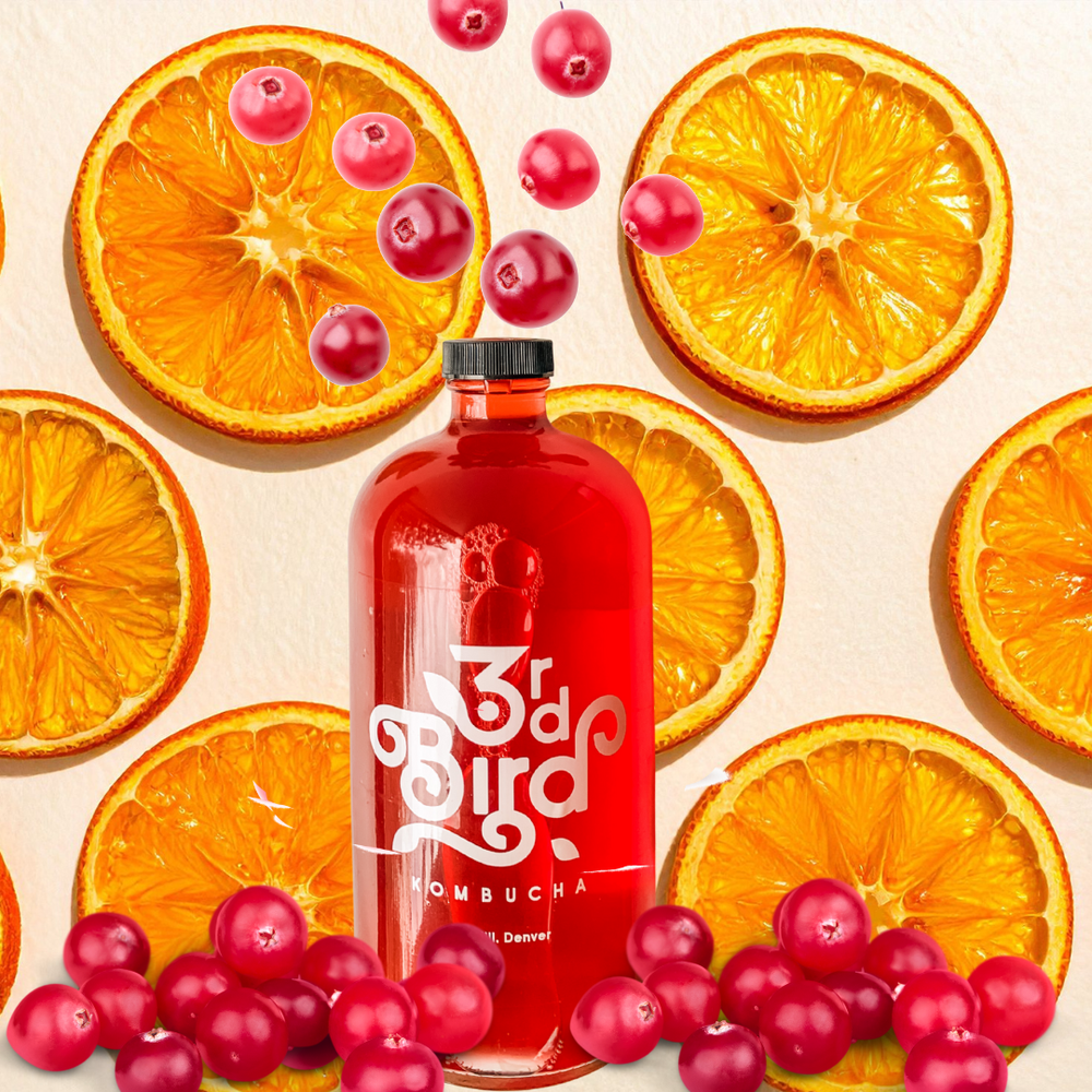 bottle of kombucha with oranges and cranberries