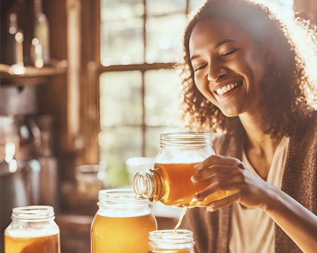 woman backlight pouring kombucha